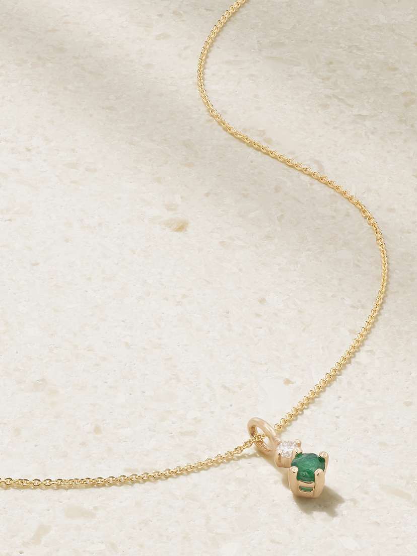 STONE AND STRAND Tiny Green Goddess 14-karat Gold, Diamond And Emerald Necklace