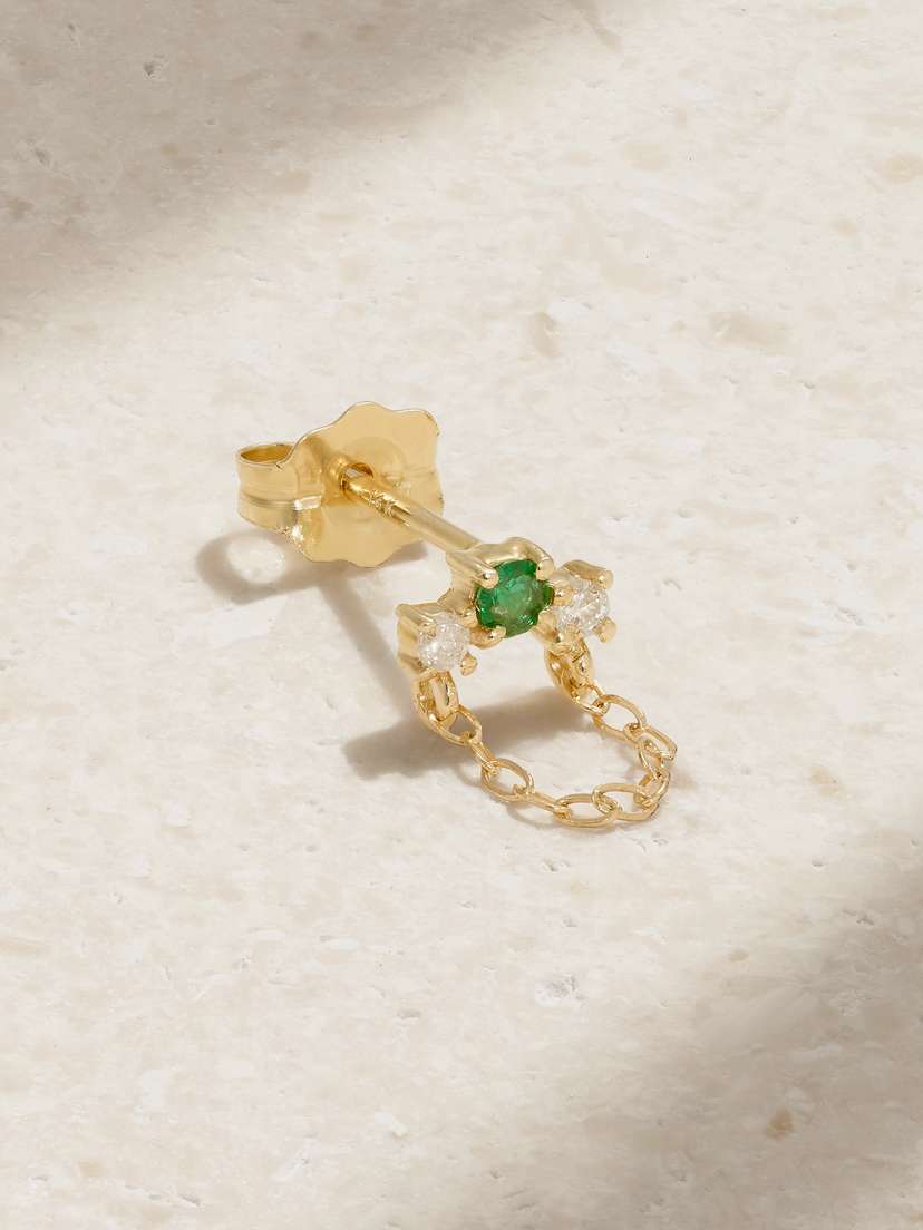 STONE AND STRAND Green Goddess 14-karat Gold, Emerald And Diamond Single Earring