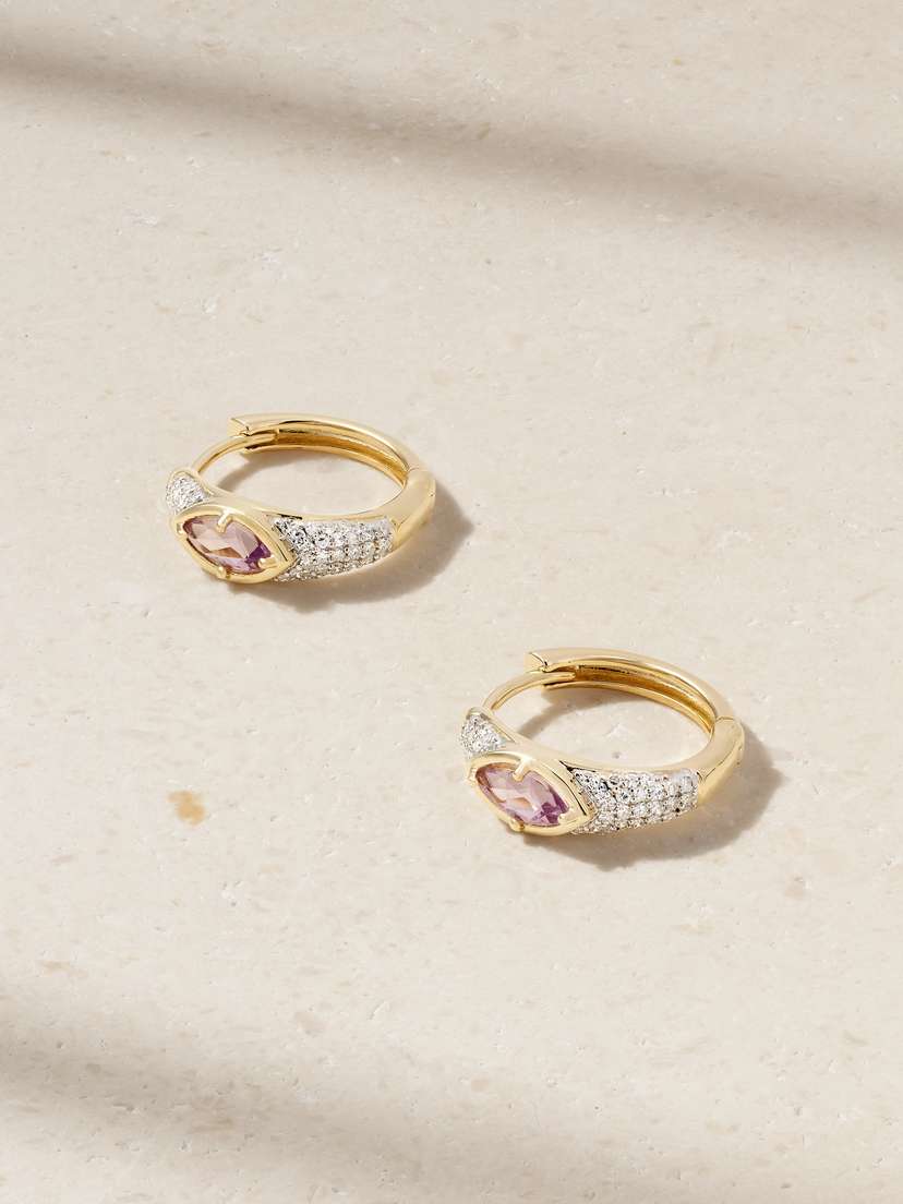 STONE AND STRAND Lavender Haze 14-karat Gold, Amethyst And Diamond Hoop Earrings
