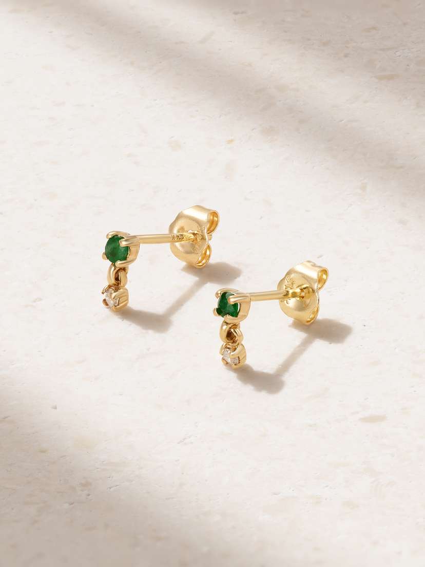 STONE AND STRAND Green Goddess 14-karat Gold, Emerald And Diamond Earrings