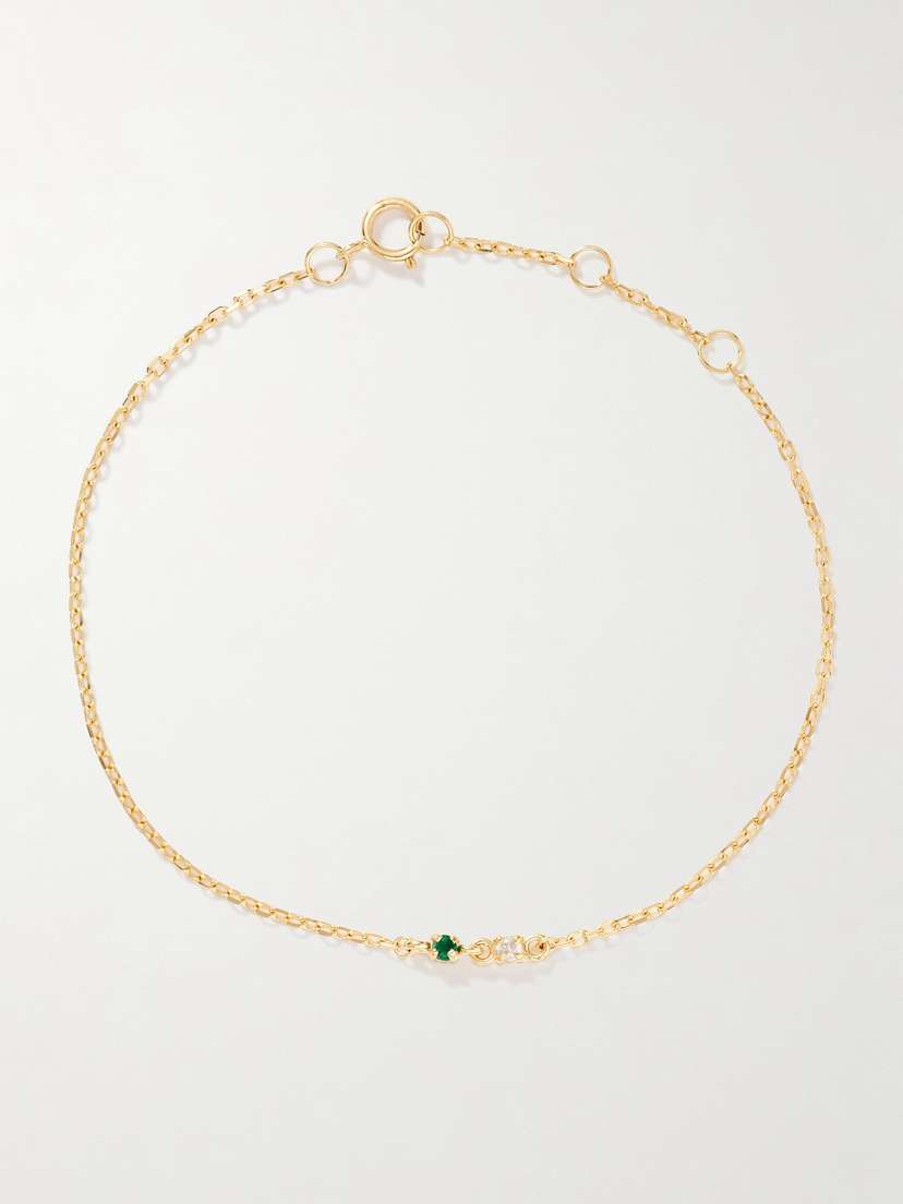 STONE AND STRAND Tiny Green Goddess 14-karat Gold, Emerald And Diamond Bracelet