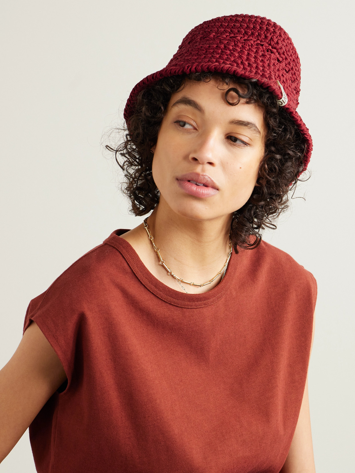 Ultraviolhat Crocheted Cotton And Raffia-blend Bucket Hat In Red