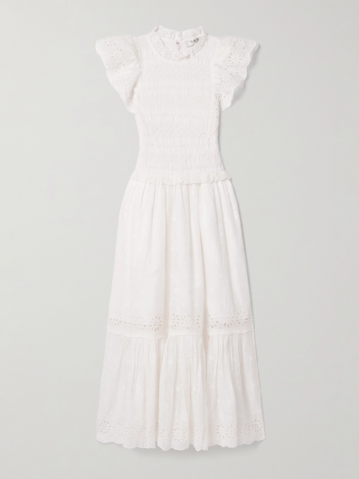 Sea Veronique Shirred Broderie Anglaise Cotton-voile Midi Dress In White