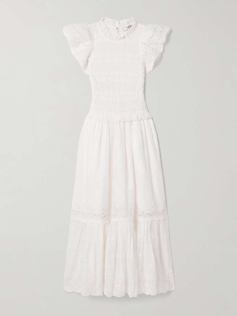 Sea Veronique Shirred Broderie Anglaise Cotton-voile Midi Dress