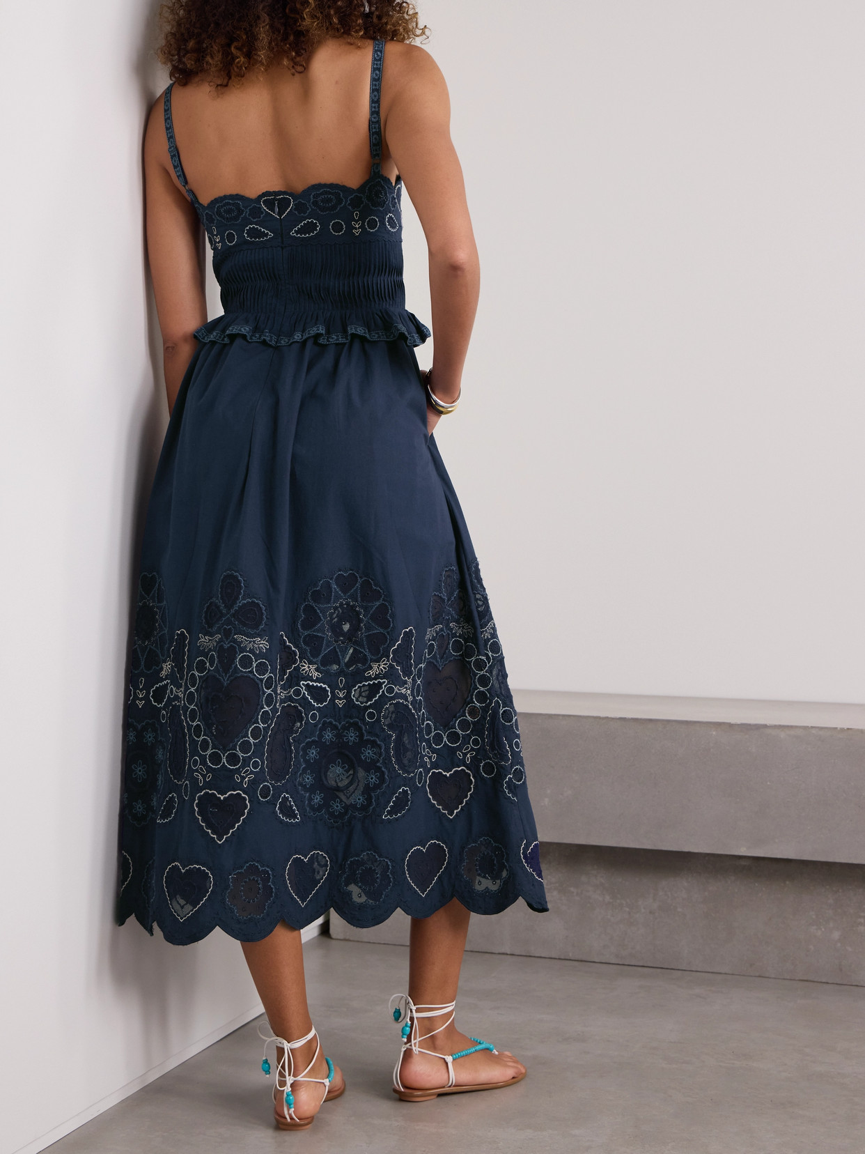 Sea Jeanetta Mesh-trimmed Embroidered Cotton-voile Midi Dress In Blue