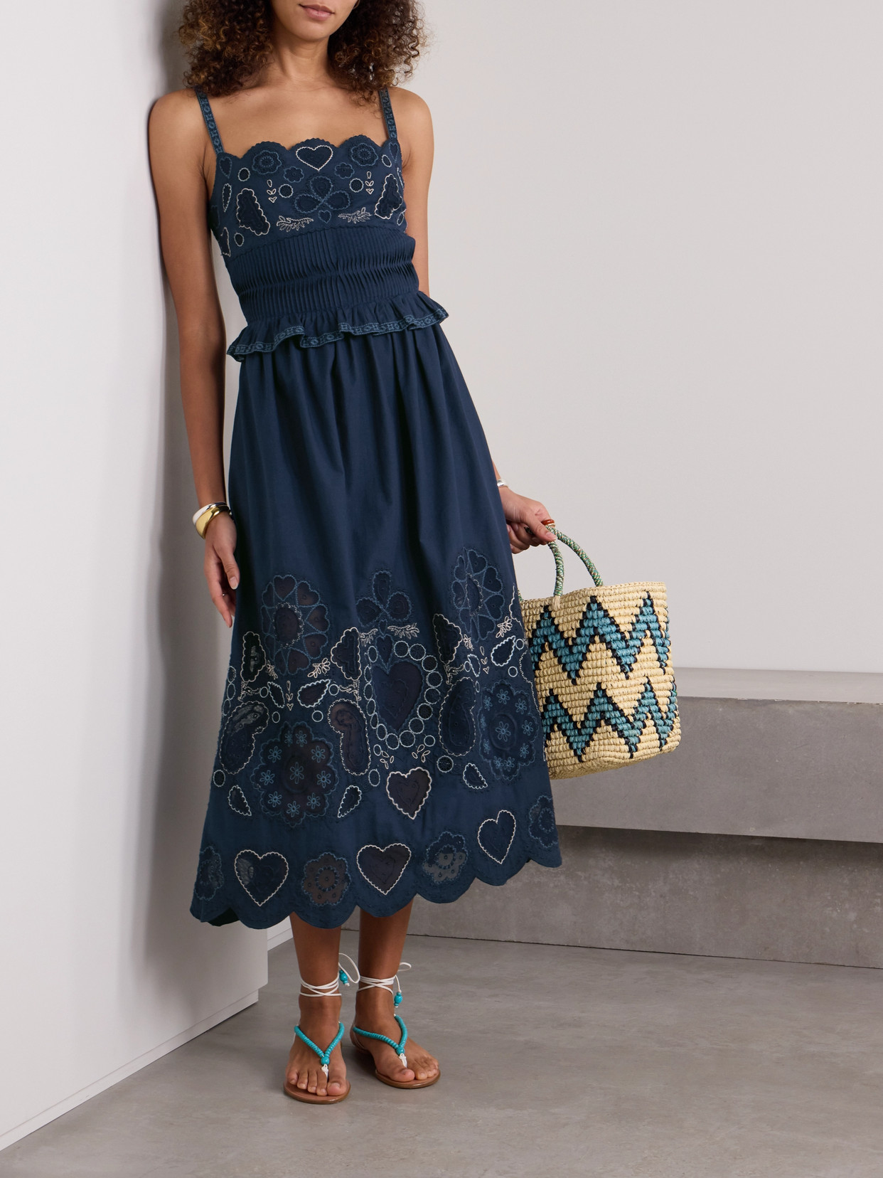 Sea Jeanetta Mesh-trimmed Embroidered Cotton-voile Midi Dress In Blue