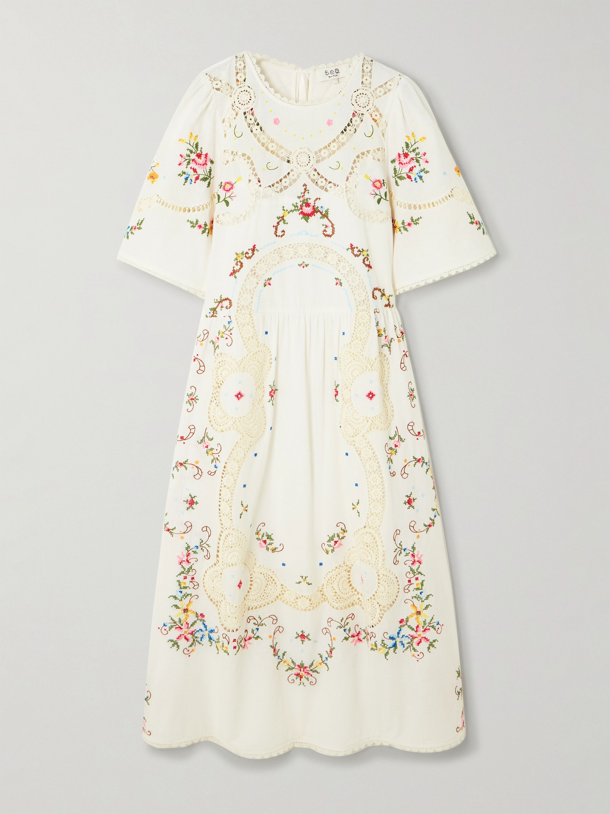 Sea - Edwina Embroidered Guipure Lace-trimmed Cotton And Linen-blend Midi Dress - White