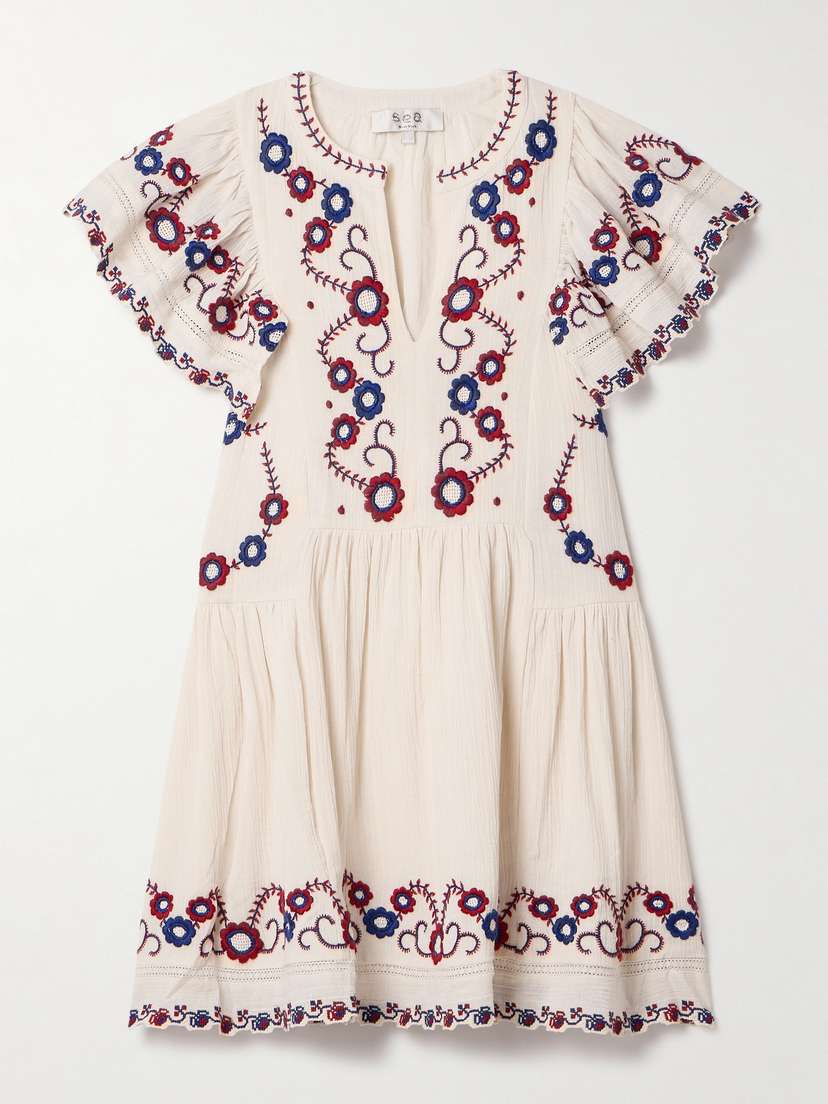 Sea Soren Crochet-trimmed Embroidered Crinkled Cotton-gauze Mini Dress - x large
