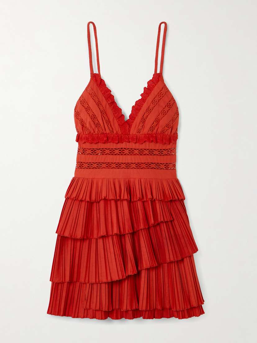 Sea Antonina Broderie Anglaise-trimmed Tiered Pleated Poplin Mini Dress