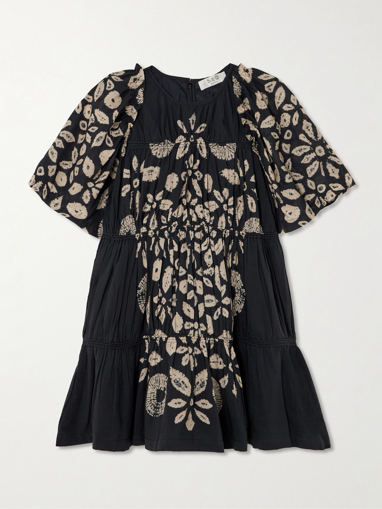 Sea - Thea Gathered Ruffled Tie-dye Cotton-blend Voile Mini Dress - Black