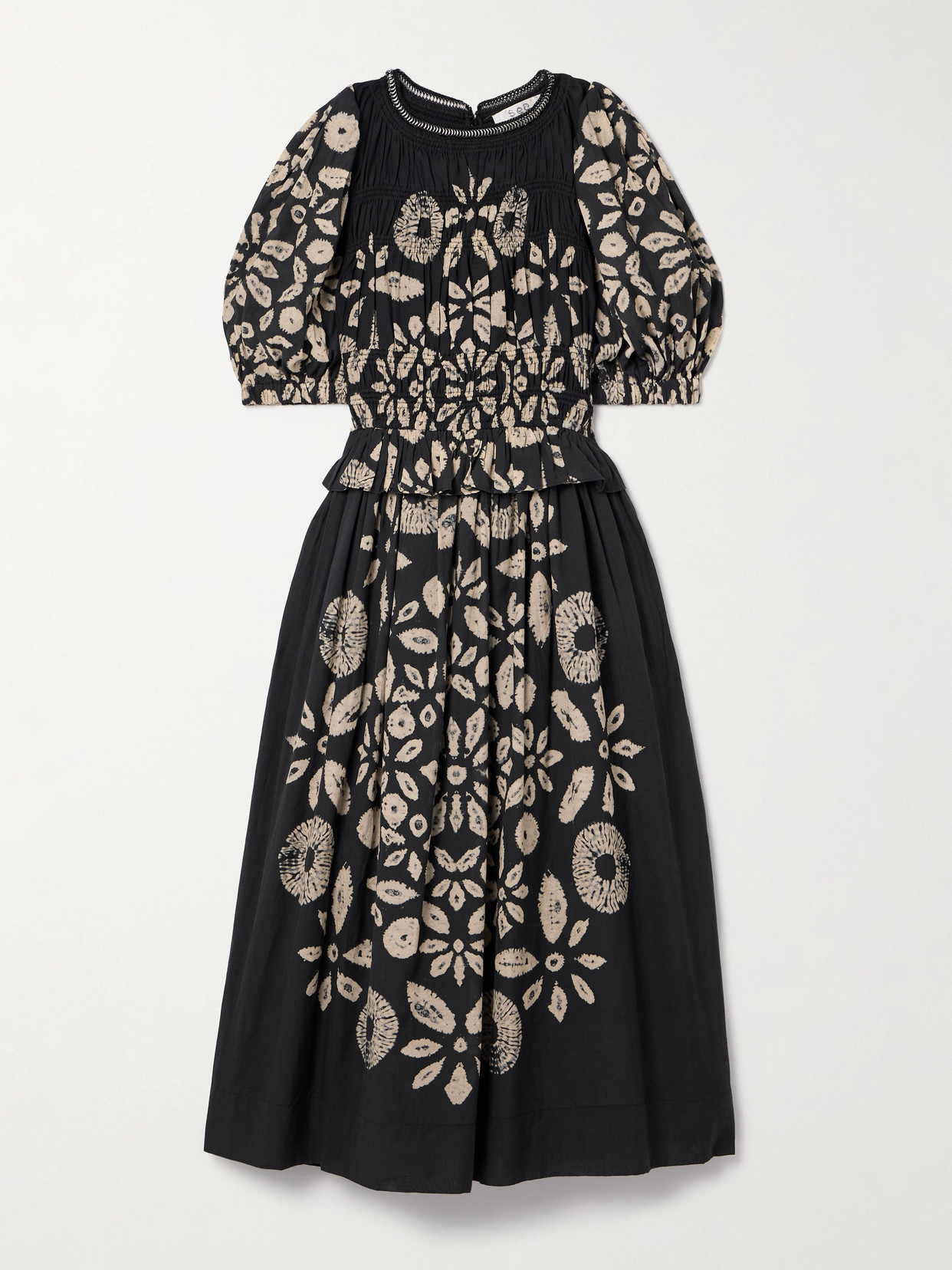Sea Thea Embellished Shirred Tie-dyed Cotton-blend Voile Midi Dress In Black
