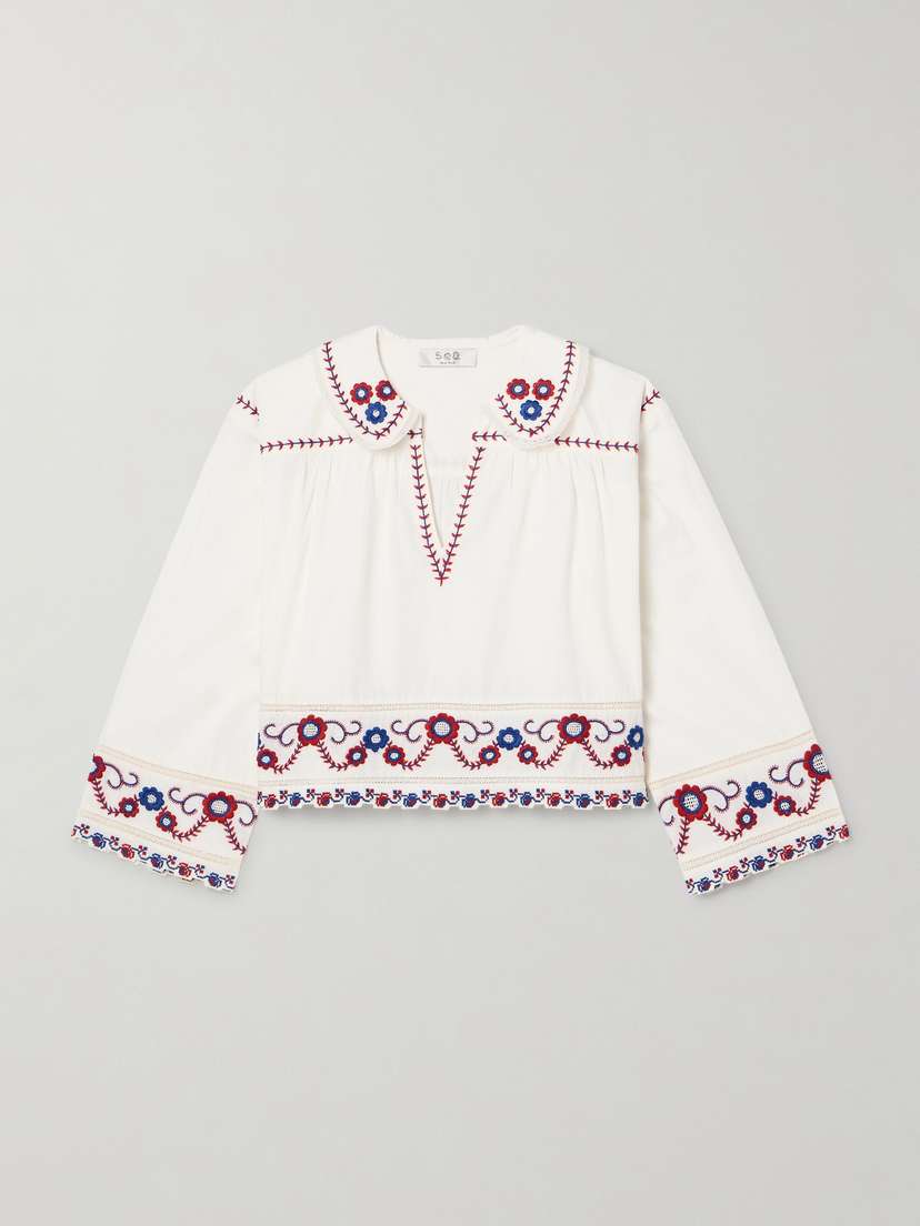 Sea Soren Crochet-trimmed Cropped Embroidered Cotton Top