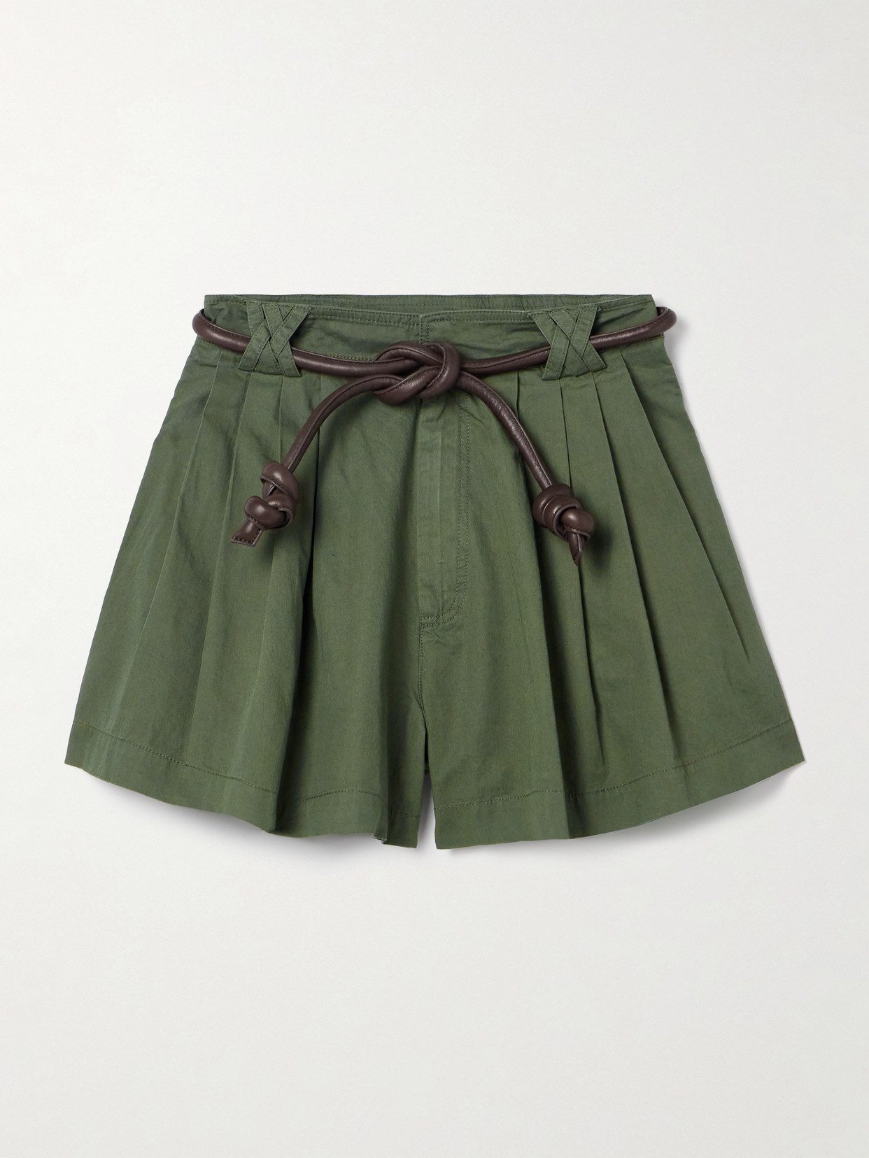 Sea - Samaka Belted Leather-trimmed Pleated Cotton Shorts - Green