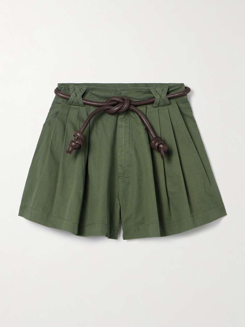 Sea Samaka Belted Leather-trimmed Pleated Cotton Shorts