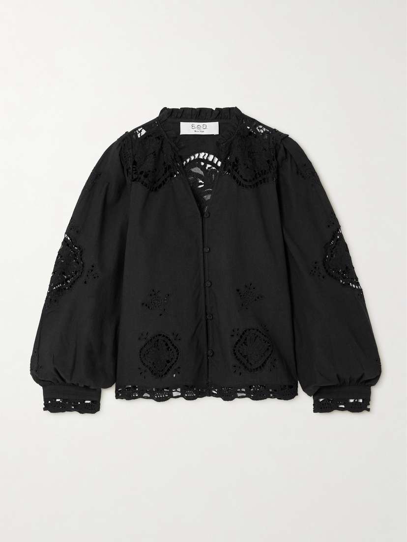 Sea Edith Broderie Anglaise-trimmed Cotton And Linen-blend Blouse