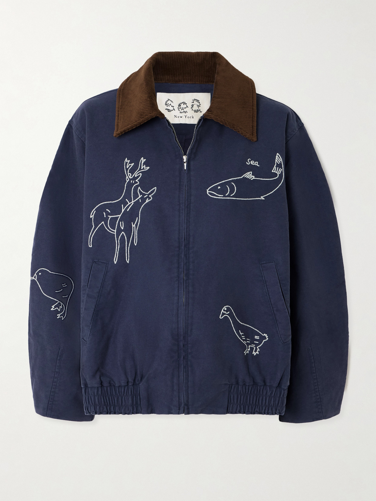 Sea Demi Oversized Embroidered Corduroy-trimmed Cotton-canvas Jacket In Blue