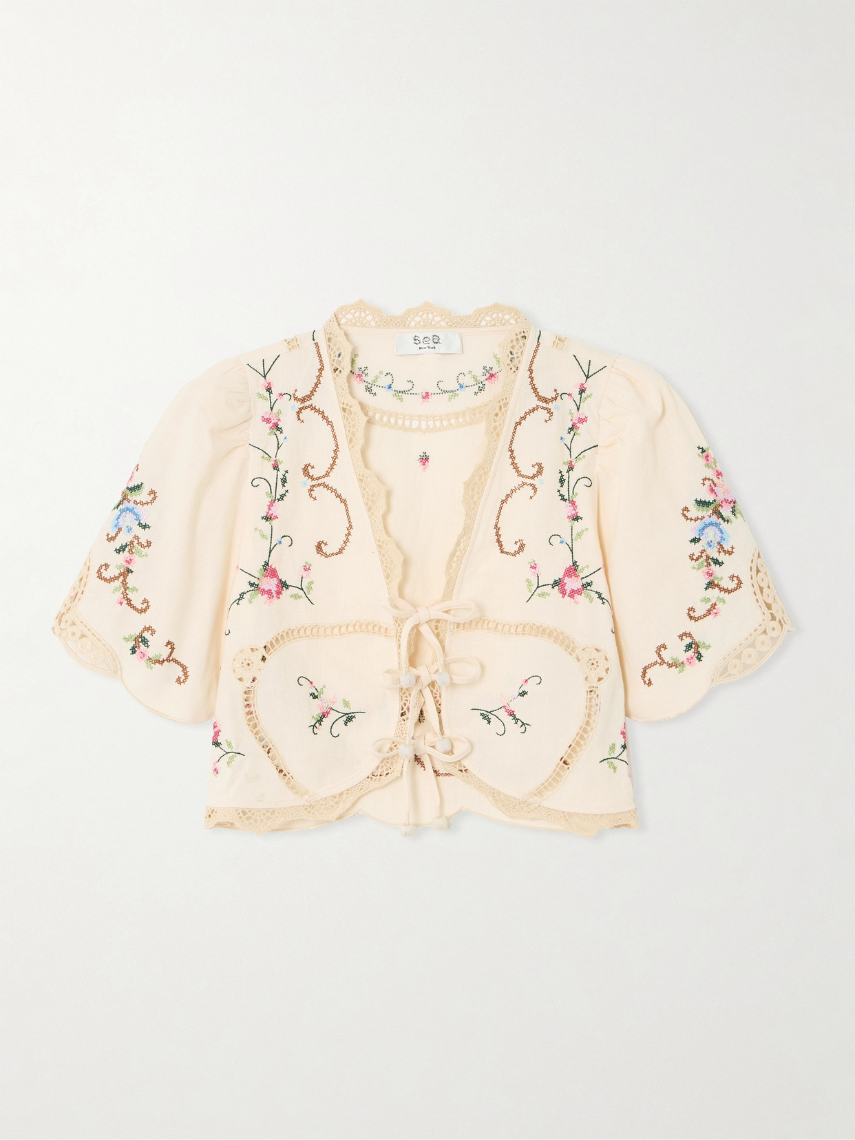 Sea - Edwina Cropped Crochet-trimmed Embroidered Cotton And Linen-blend Top - White