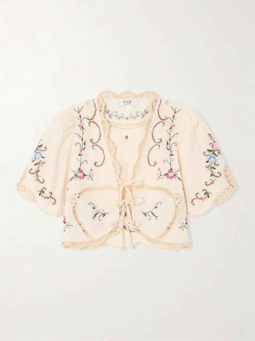 Sea Edwina Cropped Crochet-trimmed Embroidered Cotton And Linen-blend Top