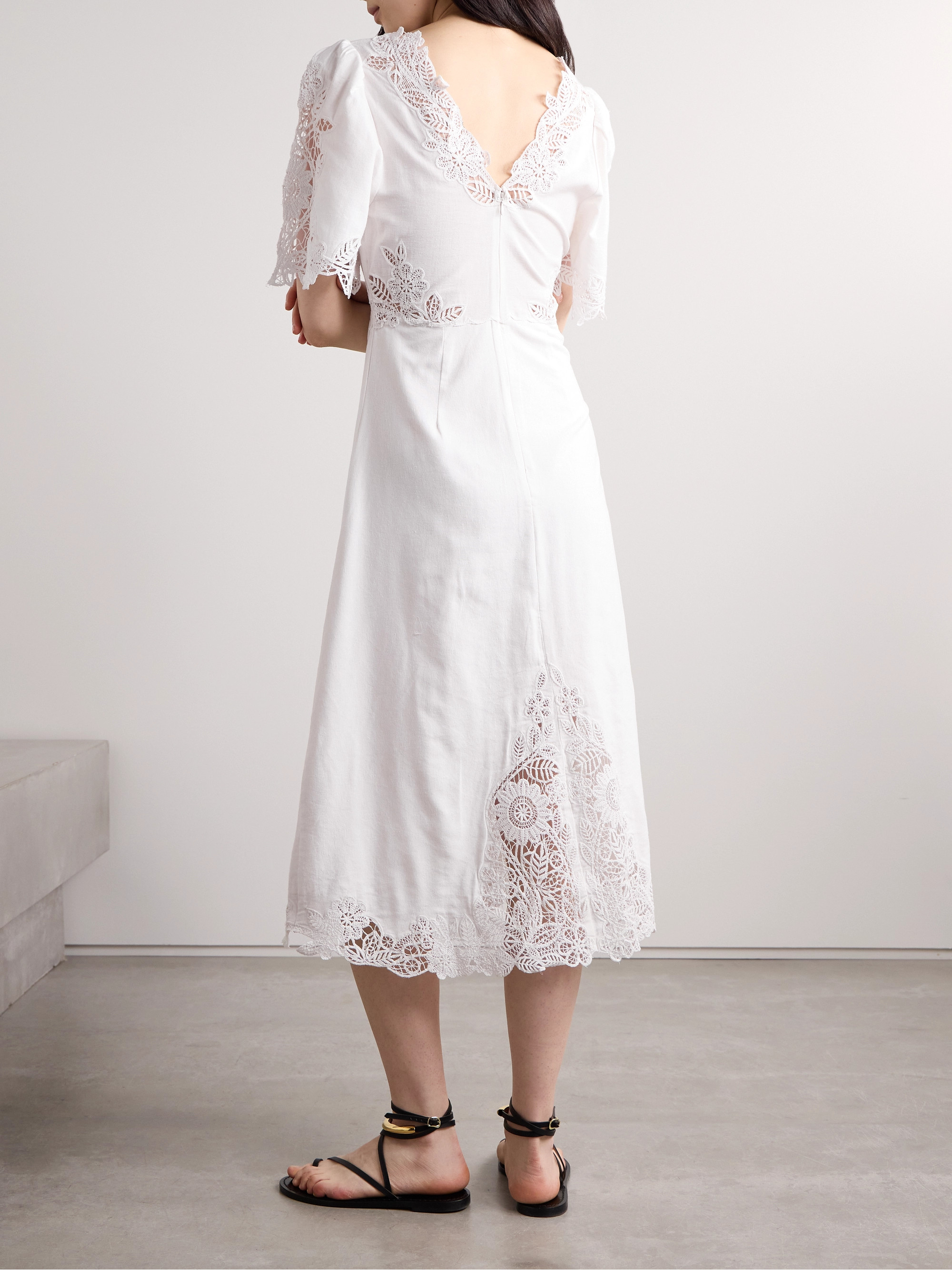 Sea Marcella crocheted lace-trimmed cotton and linen-blend midi dress thumbnail
