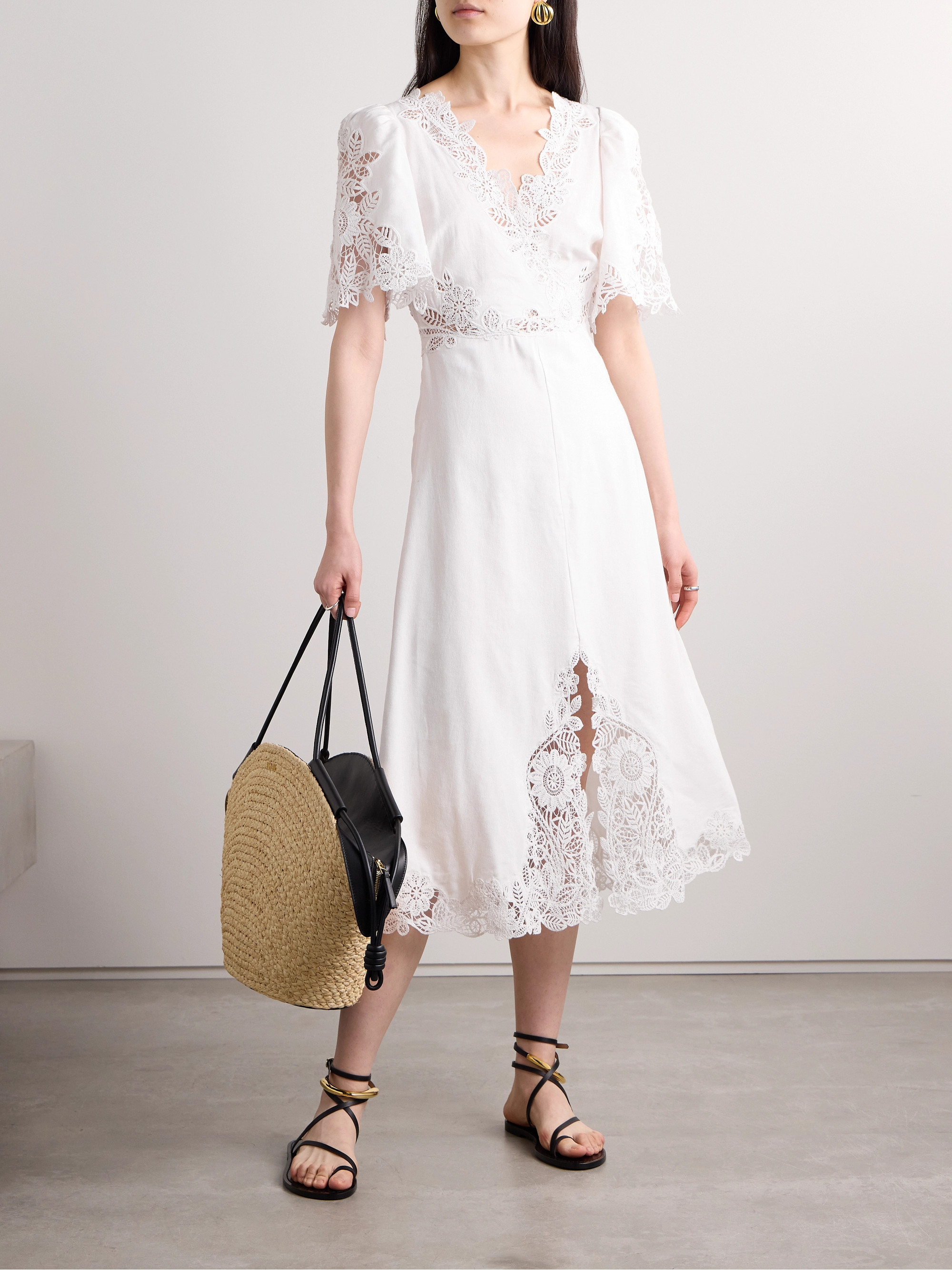 Sea Marcella crocheted lace-trimmed cotton and linen-blend midi dress