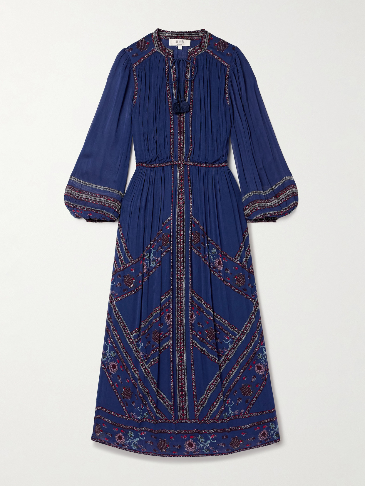 Sea Valeria Gathered Printed Crepon Midi Dress In Blue