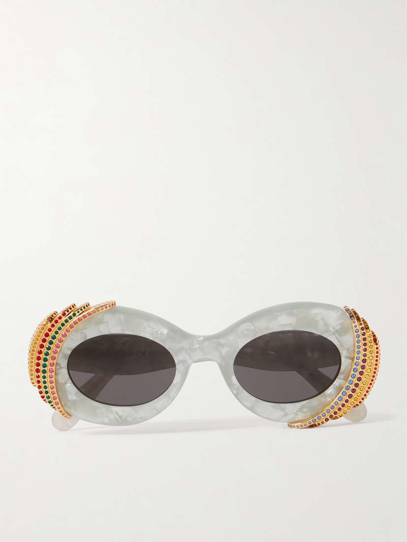 Loewe + Paula's Ibiza Oval-frame Crystal-embellished Gold-tone And Acetate Sunglasses