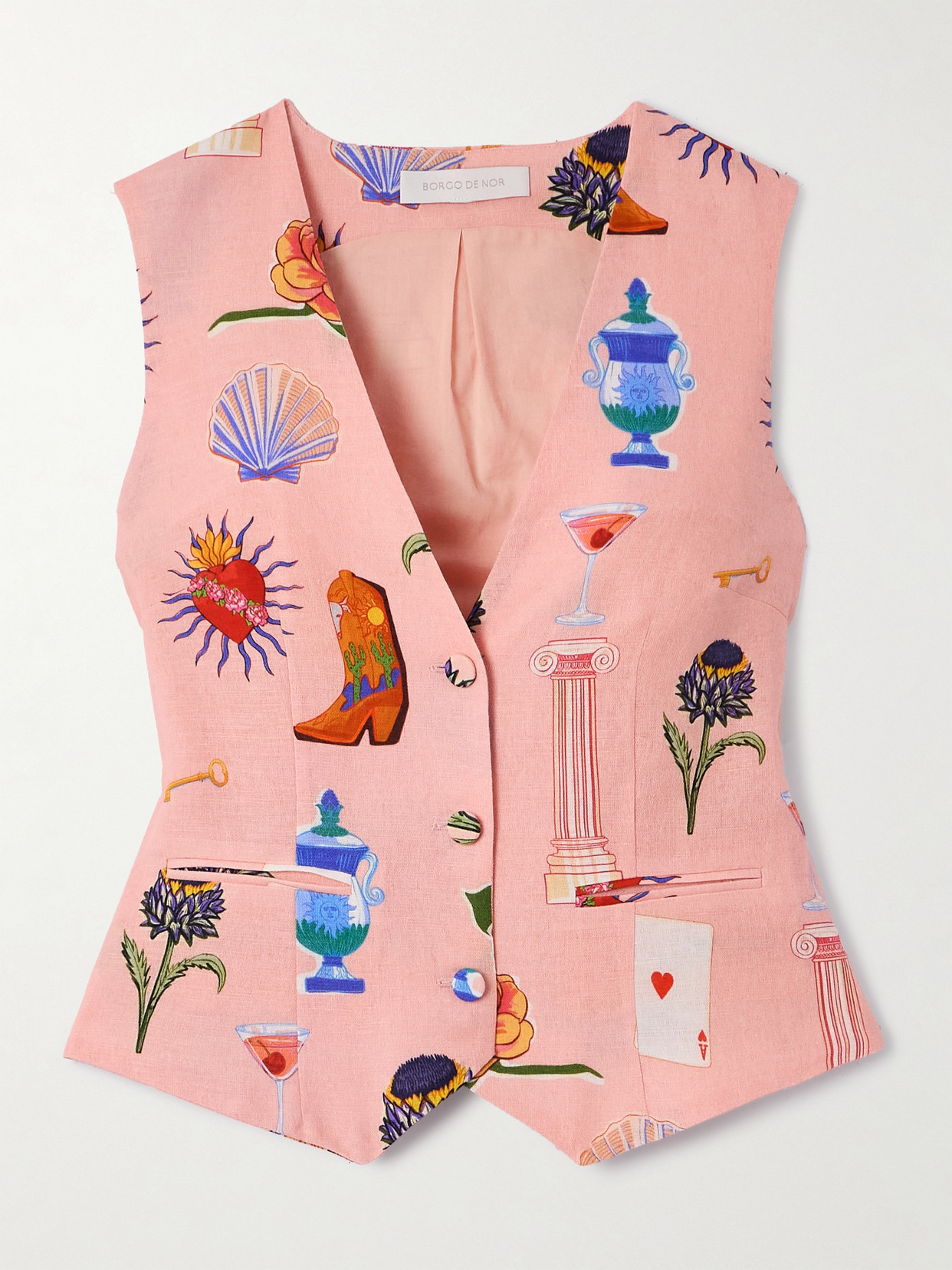 Borgo De Nor Fern Printed Linen And Cotton-blend Waistcoat In Pink