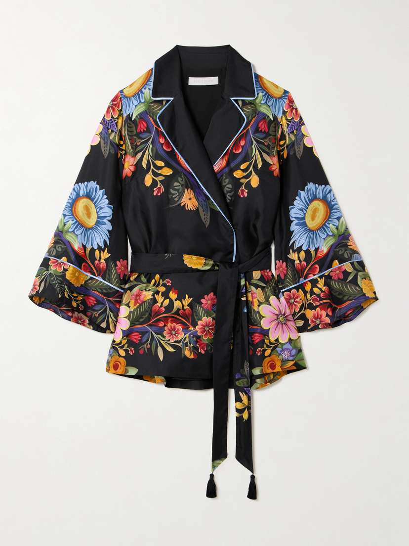 Borgo de Nor Una Piped Belted Floral-print Silk-twill Blazer - UK 14