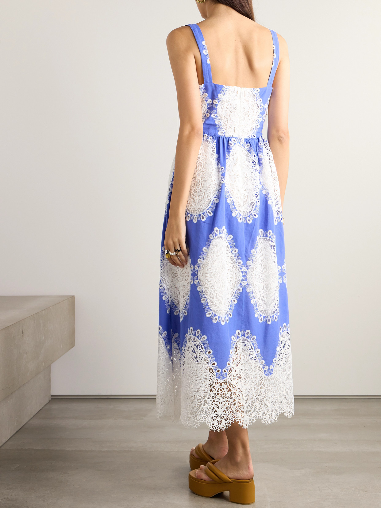Borgo De Nor Ninet Embroidered Guipure Lace-trimmed Woven Midi Dress In Blue