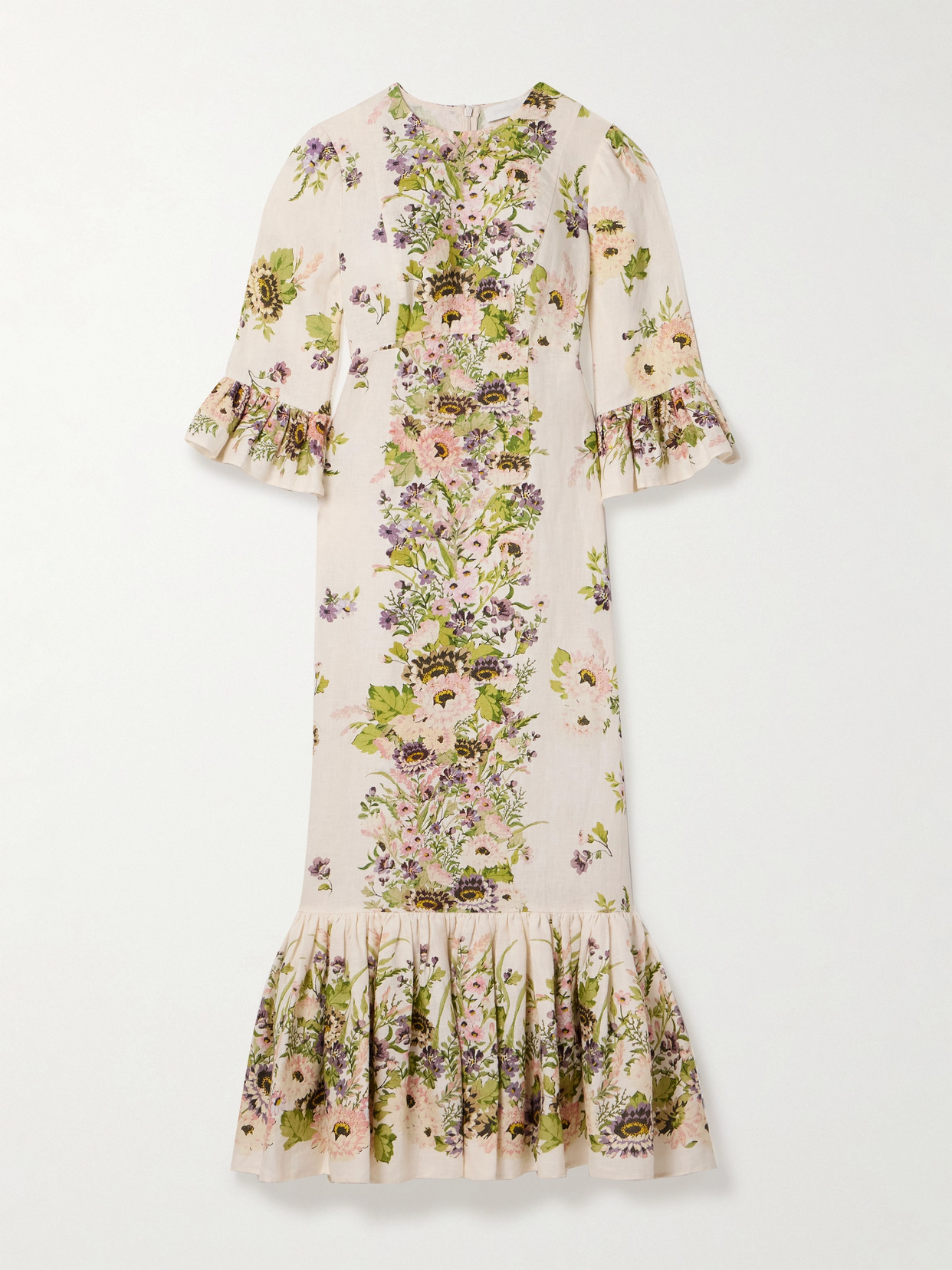 Shop Zimmermann Halliday Ruffled Floral-print Linen Midi Dress In Cream