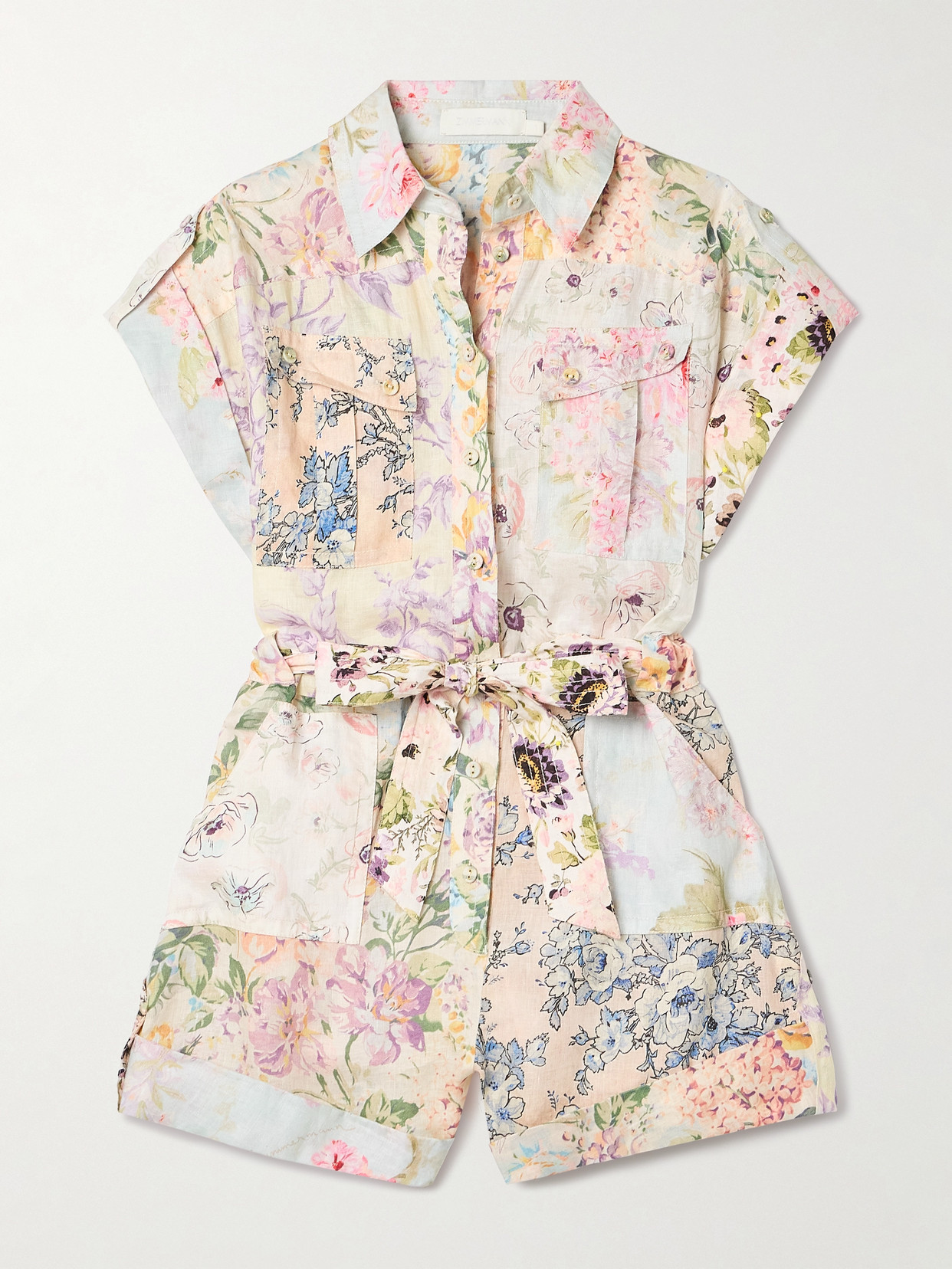 Zimmermann Halliday Belted Floral-print Linen Playsuit In Multi