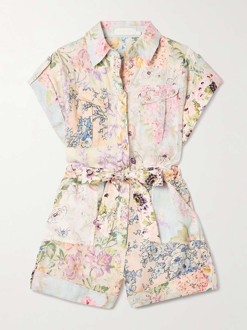 Zimmermann Halliday Belted Floral-print Linen Playsuit
