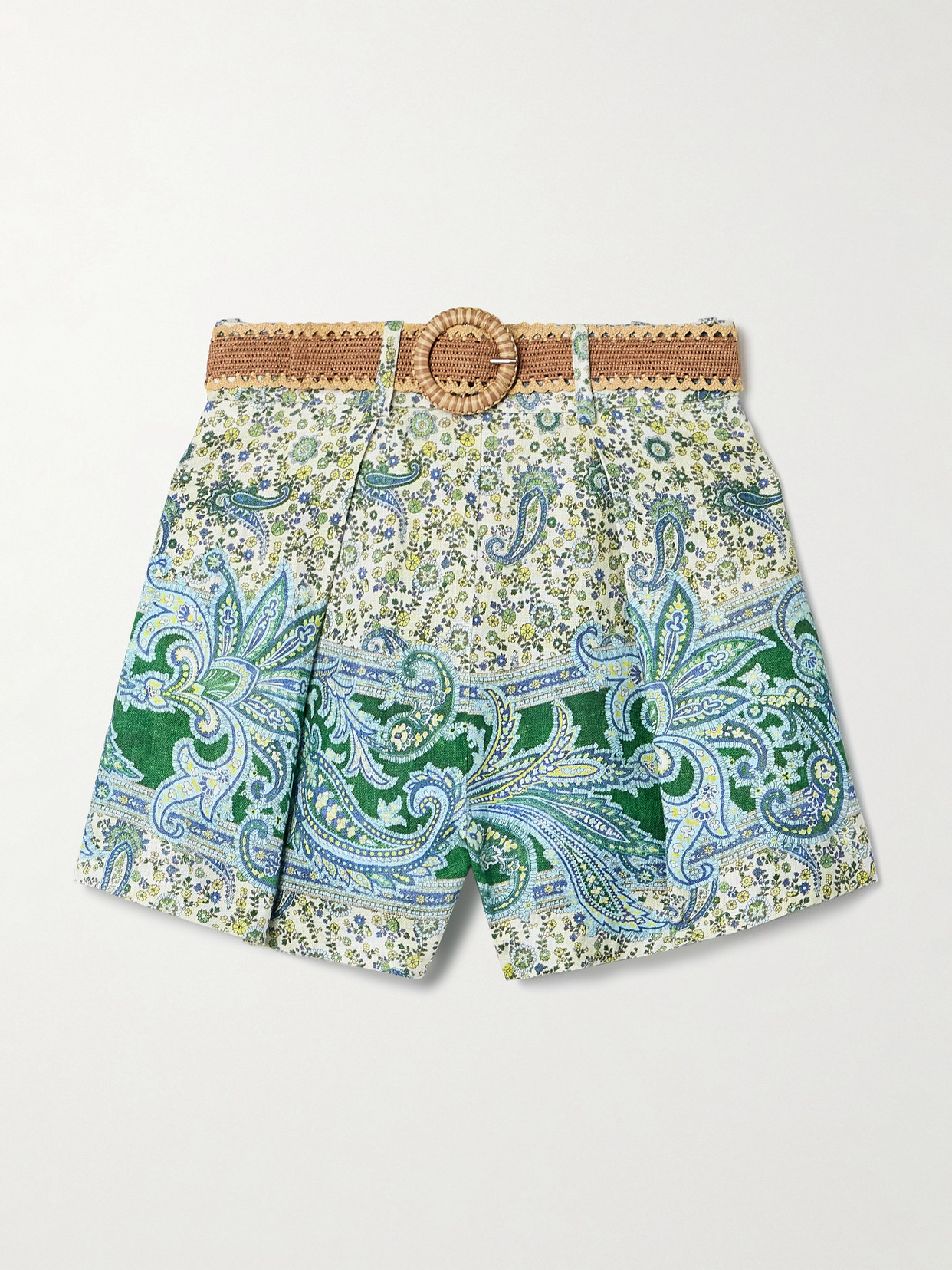 Shop Zimmermann Ottie Belted Pleated Printed Linen Shorts In Green