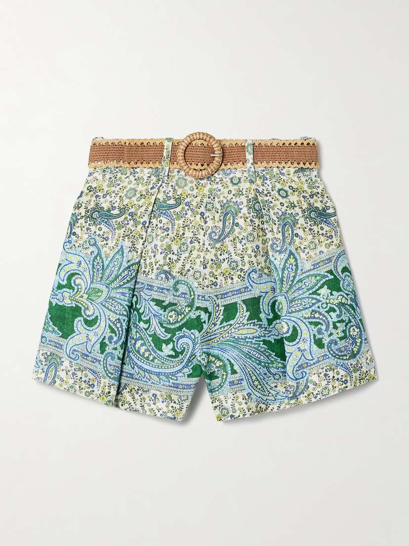 Zimmermann Ottie Belted Pleated Printed Linen Shorts