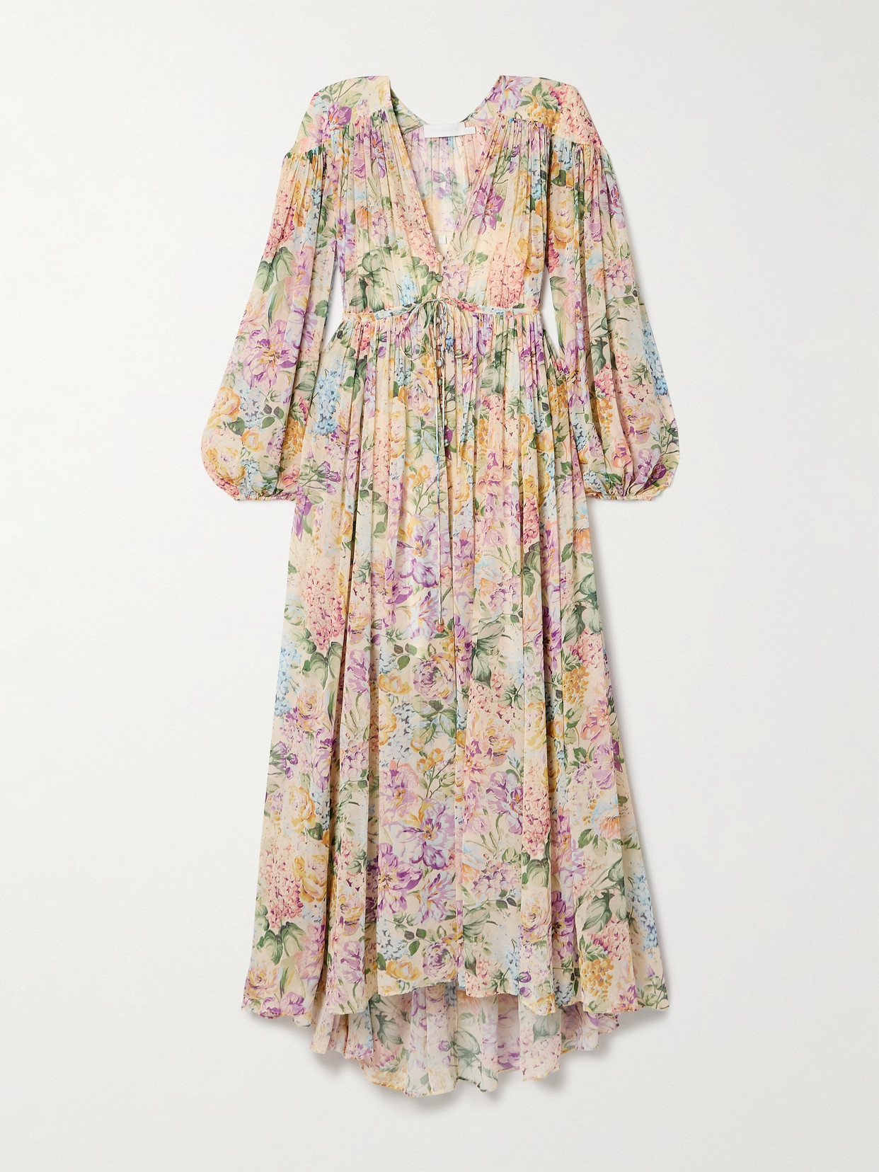 Zimmermann Halliday Gathered Floral-print Silk-crepe Maxi Dress In Multi