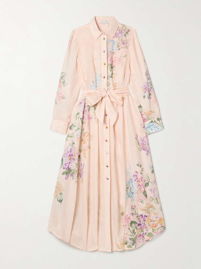 Zimmermann Halliday Belted Floral-print Linen Midi Shirt Dress