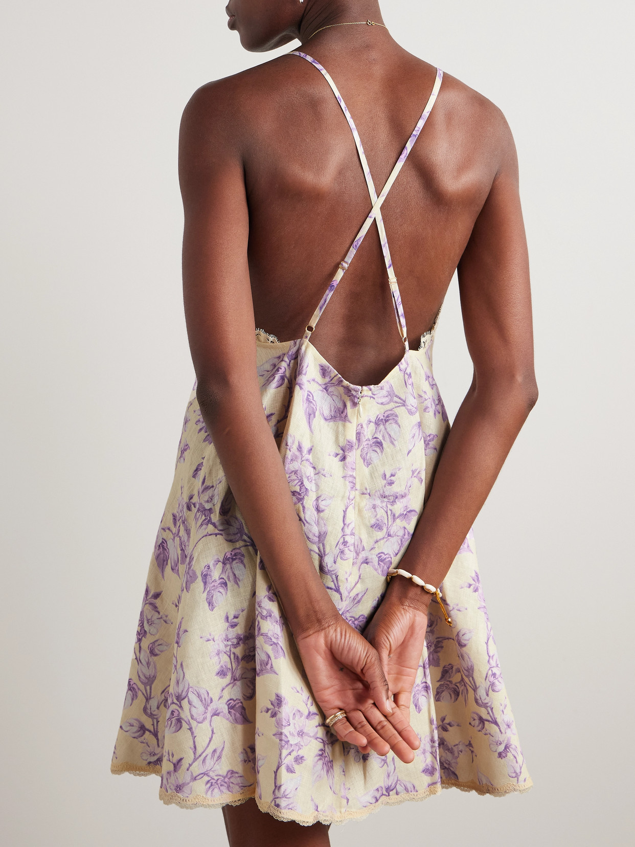 Zimmermann Halliday Lace-trimmed Floral-print Linen Mini Dress In Yellow