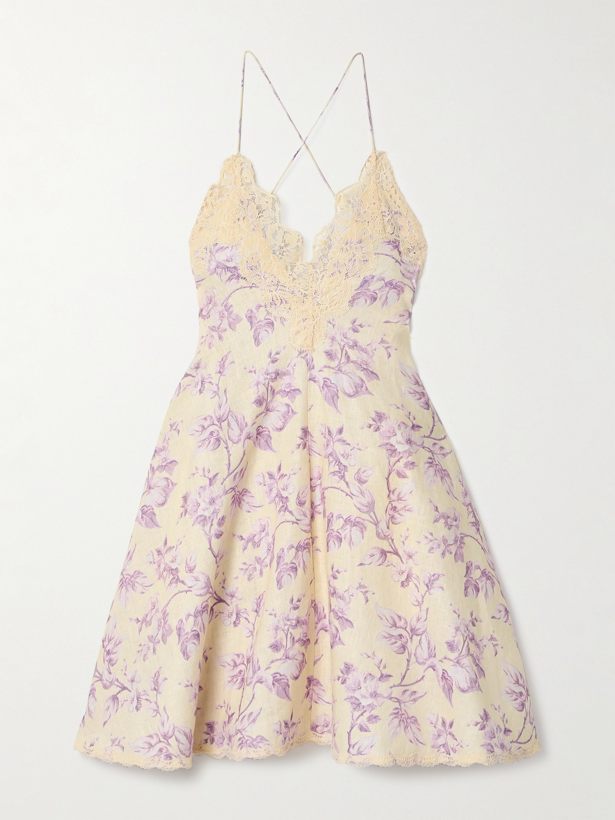 Zimmermann Halliday Lace-trimmed Floral-print Linen Mini Dress In Yellow