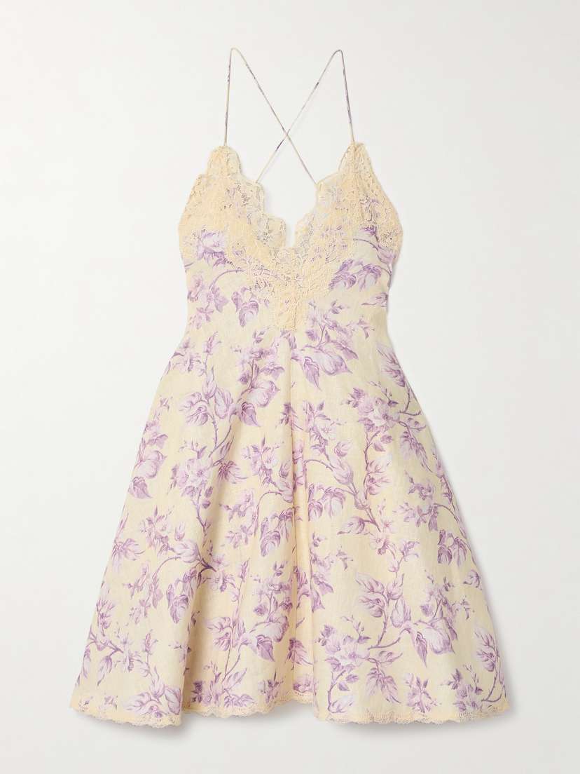 Zimmermann Halliday Lace-trimmed Floral-print Linen Mini Dress