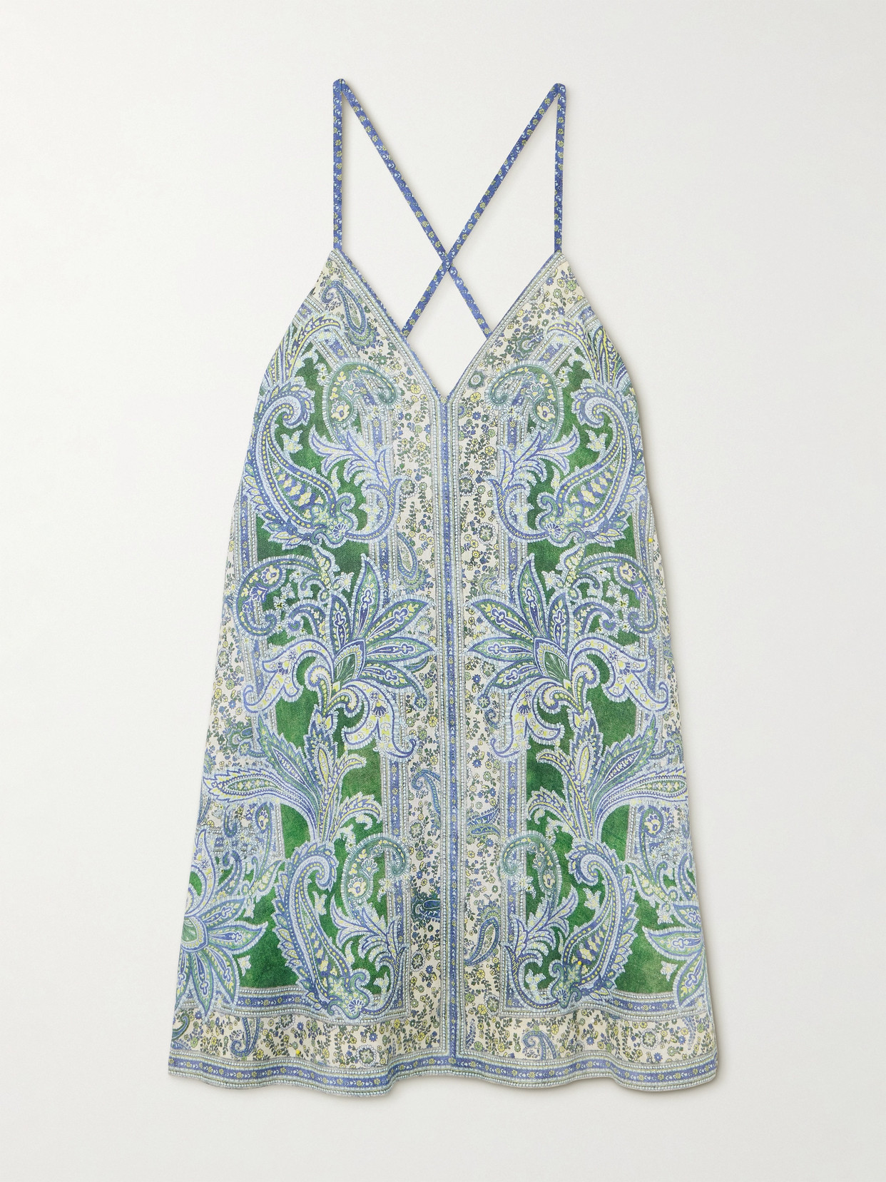 Shop Zimmermann Ottie Swing Paisley-print Linen Mini Dress In Green