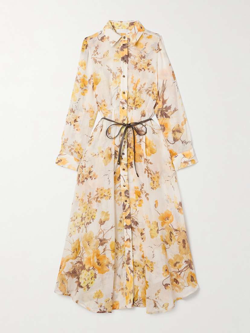 Zimmermann Ottie Belted Leather-trimmed Floral-print Ramie Midi Shirt Dress