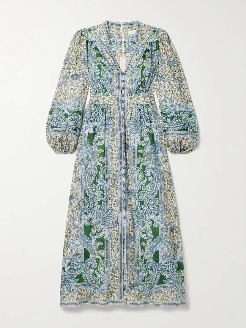 Zimmermann Ottie Gathered Printed Linen Midi Dress