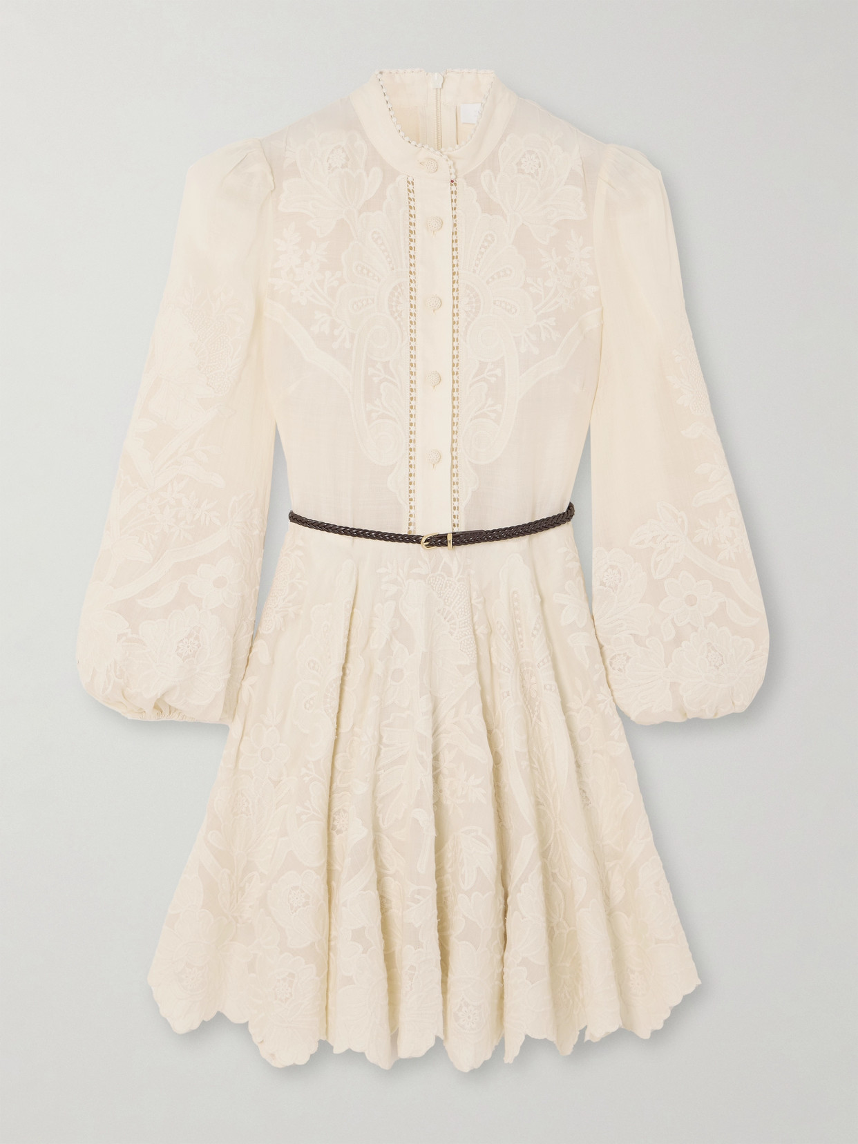Zimmermann Mini Beige Dress With Embroidery And Contrasting Belt In Cream
