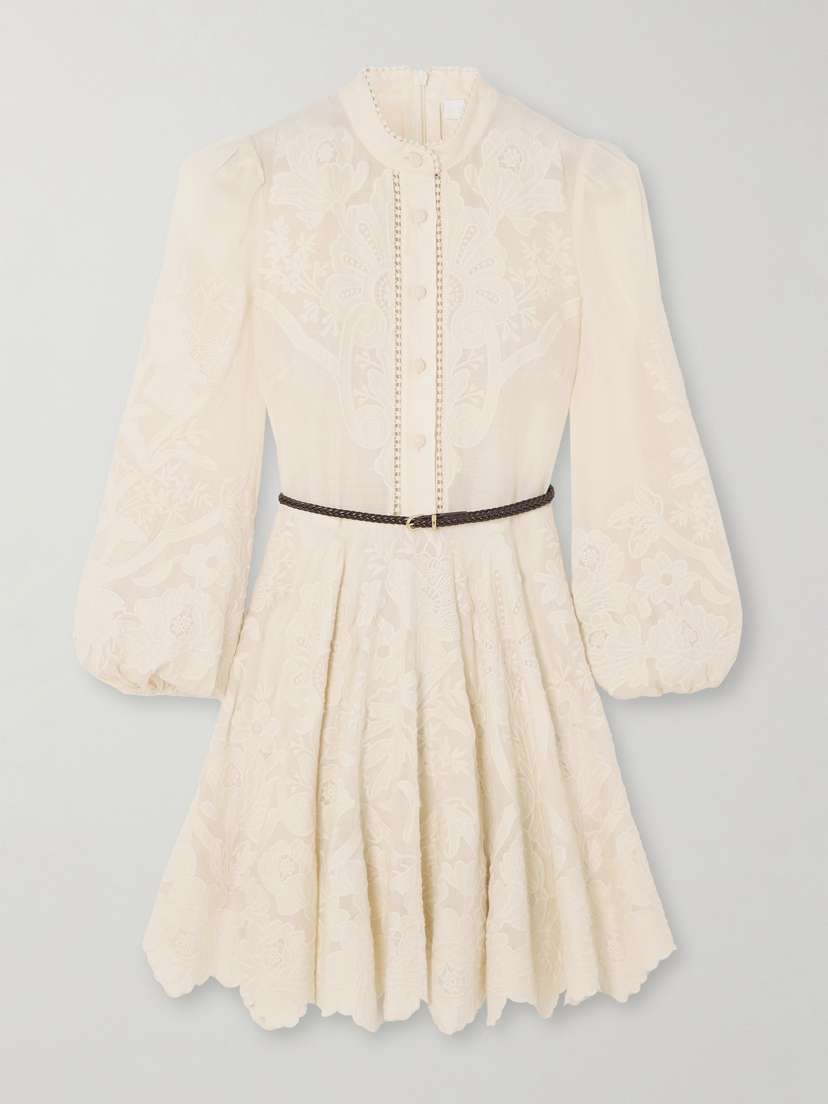 Zimmermann Ottie Belted Braided Leather- And Ramie-trimmed Embroidered Linen Mini Dress