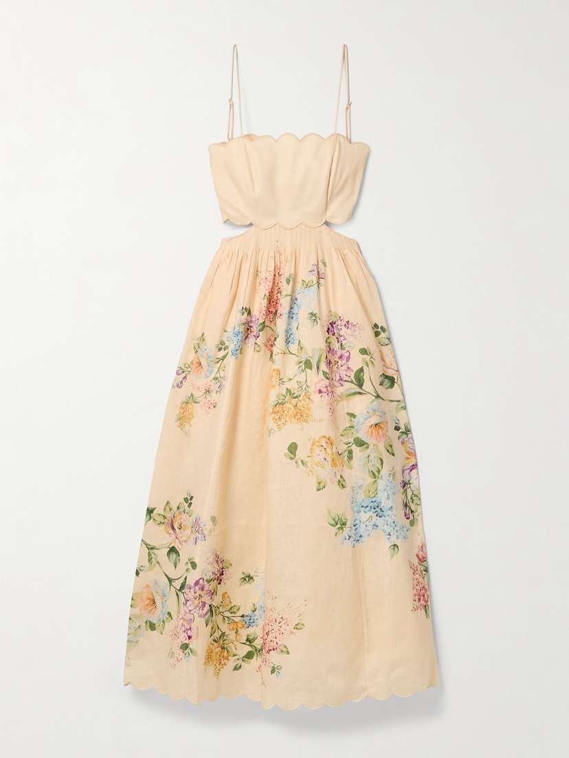 Zimmermann Halliday Cutout Scalloped Pintucked Floral-print Linen Midi Dress