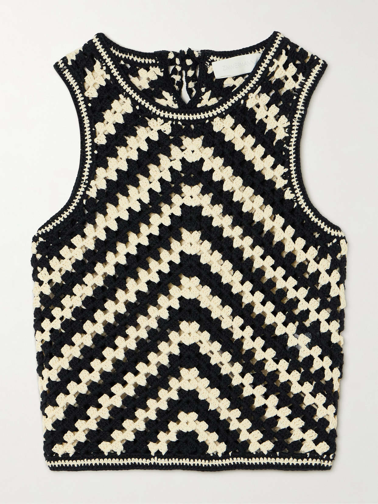 Zimmermann Halliday Cropped Two-tone Crocheted Cotton Tank In Black