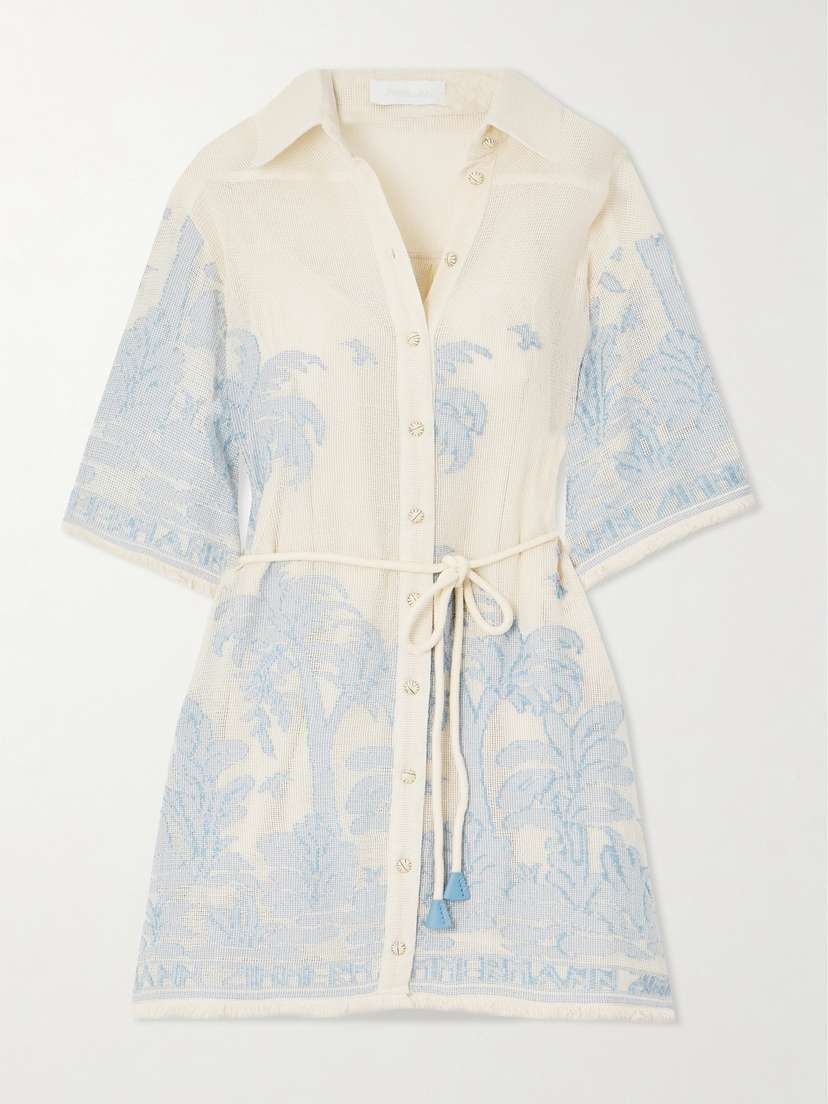 Zimmermann Ottie Frayed Belted Embroidered Open-knit Cotton Mini Dress