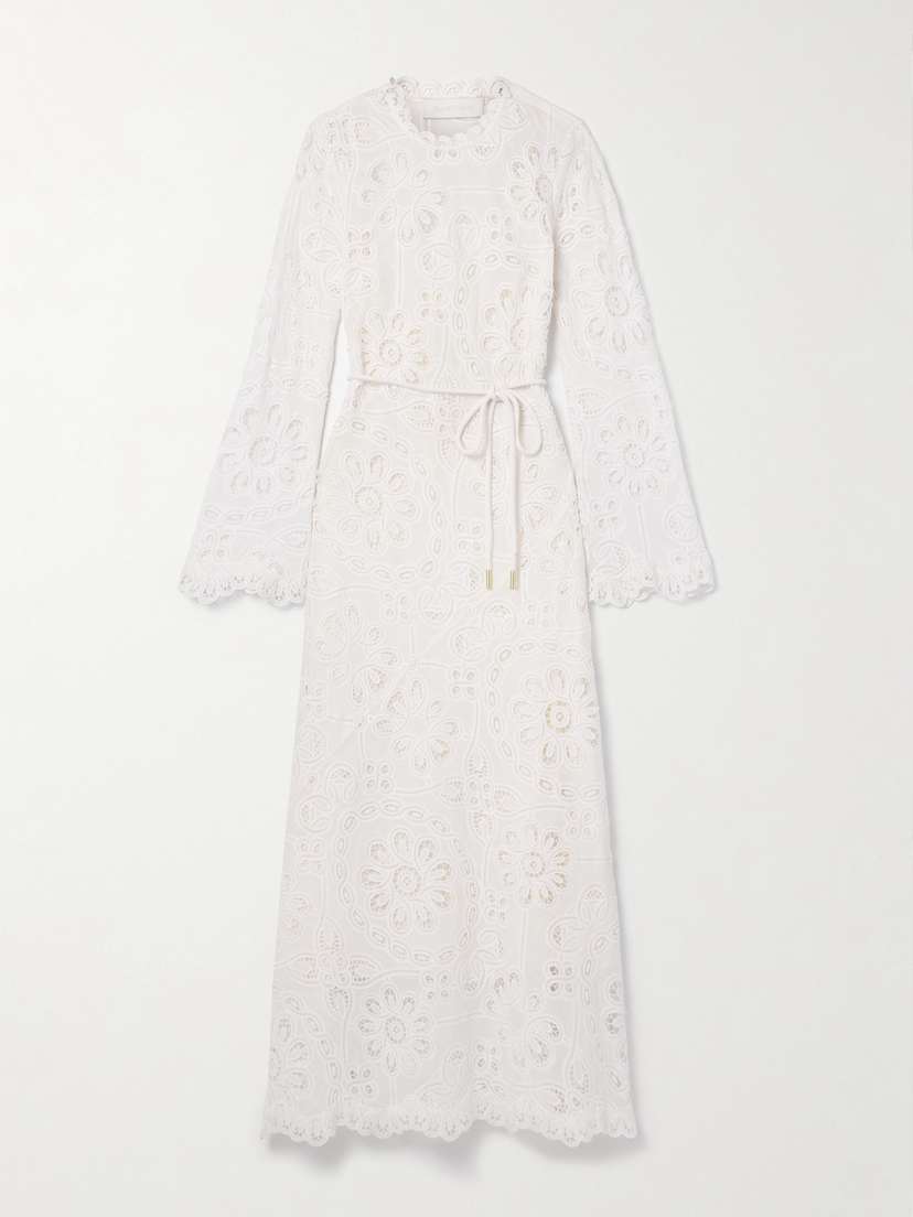 Zimmermann Ottie Belted Guipure Lace And Cotton-voile Maxi Dress