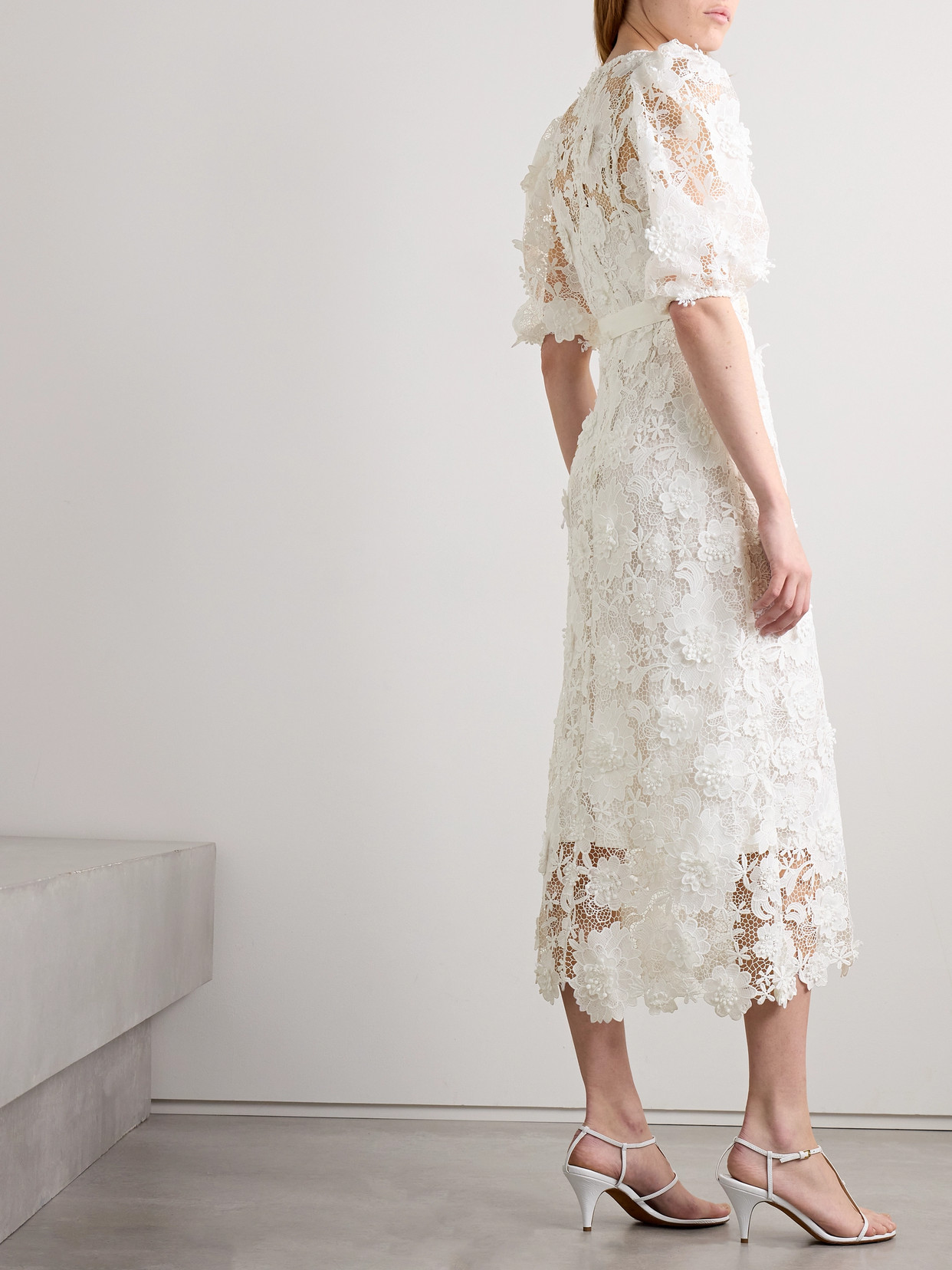 Zimmermann Halliday Belted Recycled-guipure Lace Midi Dress In Ivory