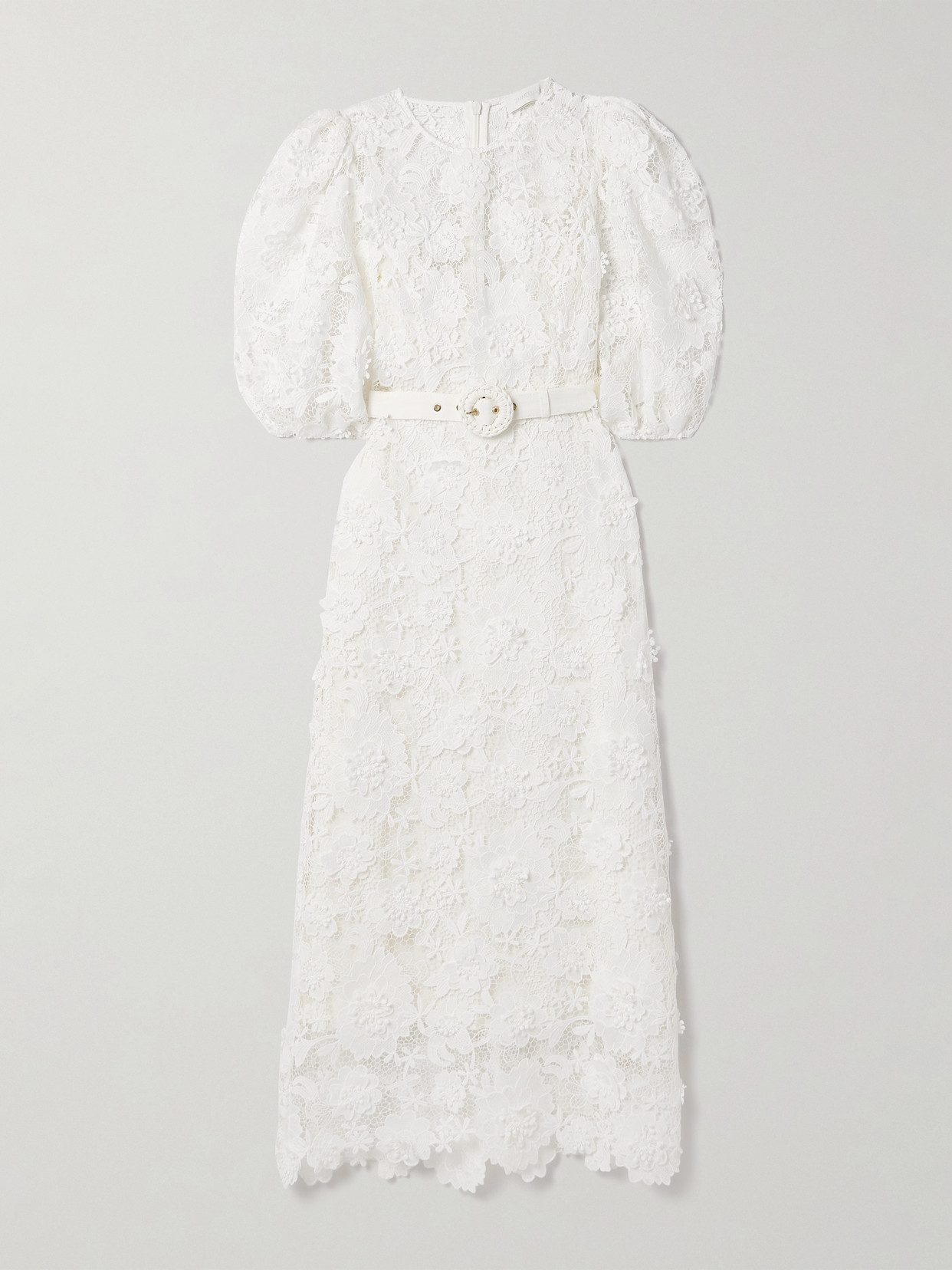 Shop Zimmermann Halliday Belted Recycled-guipure Lace Midi Dress In Ivory